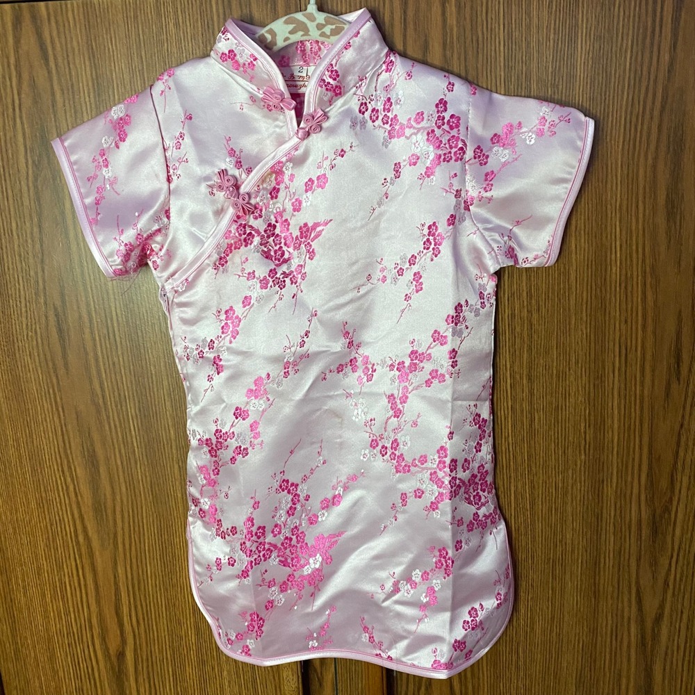FLAW Xiaosuzhou Qipao Dress Kids Size 2T Pink Floral Satin Cheongsam Traditional